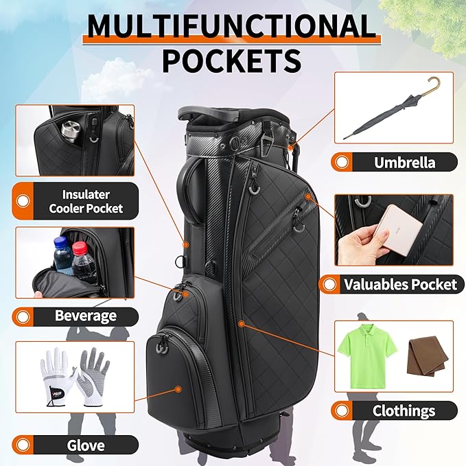 Golf Stand Bag with 14 Way Full Length Dividers, PU Leather Golf Bag for Men, Luxury Lightweight Waterproof Golf Bags with Stand, 6 Pockets & Cooler Pouch, Adjustable Dual Straps, Rain Cover Hood