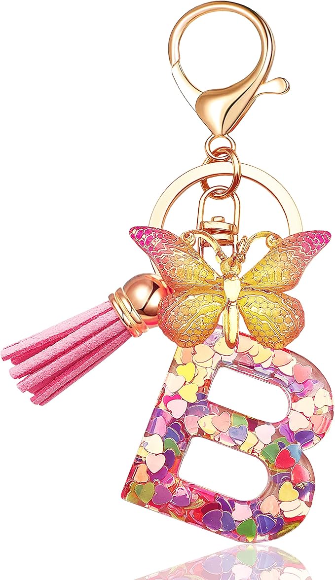 JINGUAZI Initial letter Keychains for Women Tassel Butterfly Pink Purple Cute Car Keychain for Wallet Backpack bag charm