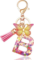 JINGUAZI Initial letter Keychains for Women Tassel Butterfly Pink Purple Cute Car Keychain for Wallet Backpack bag charm