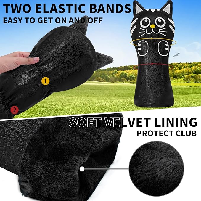 Golf Kitty Head Cover Golf Club White Leather Headcovers 1pc/4pcs Set Fits Driver Fairway Wood Hybrid Utility Putter Iron Wedge Headcover.