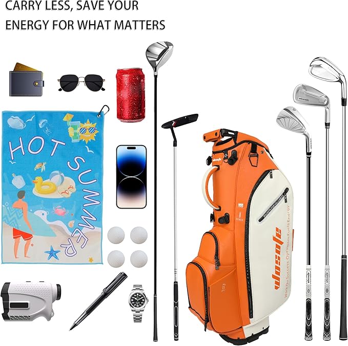 Lightweight 14-Way Golf Stand Bag, PU Leather Golf Bag Waterproof Men Women Full Length Top Dividers, Multiple 8 Pockets Cooler Pouch Adjustable Detachable Shoulder Dual Straps Rain Cover Hood