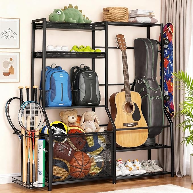 Large Sports Organizer for Garage, Ball Storage Rack Garage Sports Equipment Organizer with Side Racks, Baskets, Hooks, Multi-Purpose Golf Gear Storage for Gym Indoor Outdoor