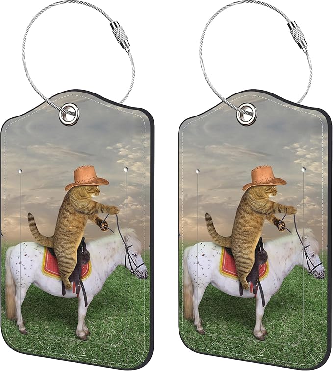 2 Pack Luggage Tags for Suitcase,Cat Cowboy PU Leather Luggage Tags with Privacy Cover Name Address Labels and Steel Ring,Creative Travel Accessories for Men and Women