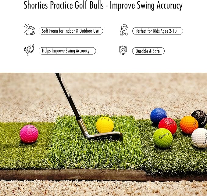 Shorties Golf Practice Balls - 8 Pack Colored HIgh Density Foam Golf Balls for Men, Women & Children | Indoor & Outdoor Training | Distance & Control | Realistic Feel | Safe for Kids & Seniors