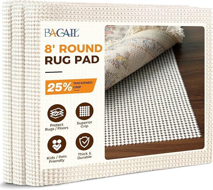 BAGAIL BASICS Round 8 FT Rug Pad Gripper for Hardwood Floors, Non Slip Rug Pads for Area Rugs, Extra Thick Under Rug Padding, Protect Your Rugs & Floors