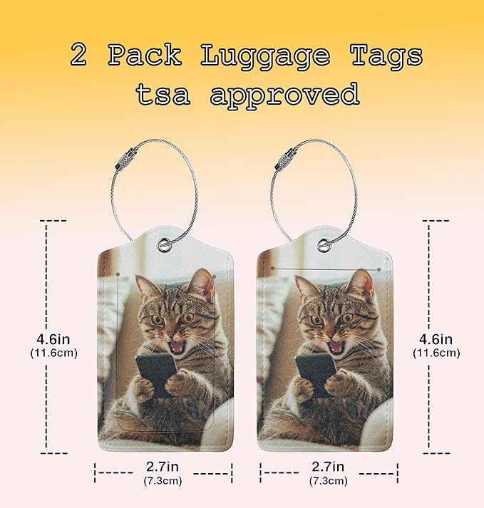 TSA Approved Luggage Tags for Suitcases Cat Phone 2 Pack Funny Leather Carnival Cruise Airport Cute Travel Name Tags Golf Bag tag Ships Essentials Privacy Cover ID Label for Women Men