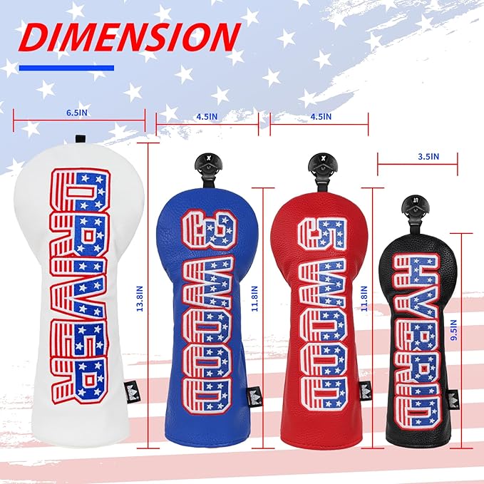 Craftsman Golf Headcover Set for Driver 3 5 Fairway Wood Hybrid Golf Club Head Cover, USA Flag Old Glory Design Golf Club Covers,Interchangeable Number Tag Offered
