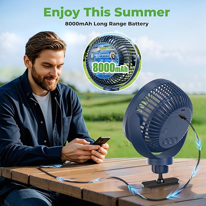 10L0L Golf Cart Fan with Magnetic Mount & 56Hrs Runtime - 8000mAh Battery, 3-Speed Cooling, Built-in LED Light, Power Bank Function - Stable ABS Design for All Golf Carts