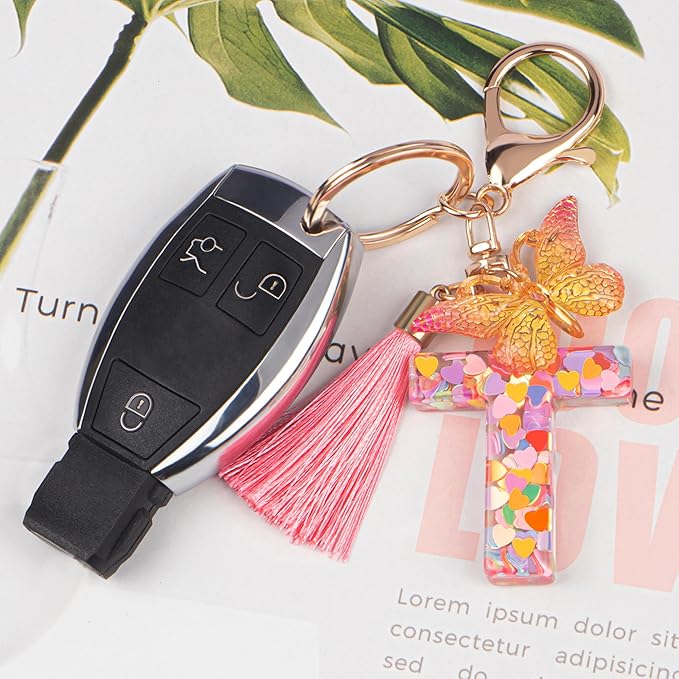Suweibuke Colourful Cute Initial Letter Keychains for Women Girls with Tassel Butterfly, Charm for Purse Handbags Backpacks