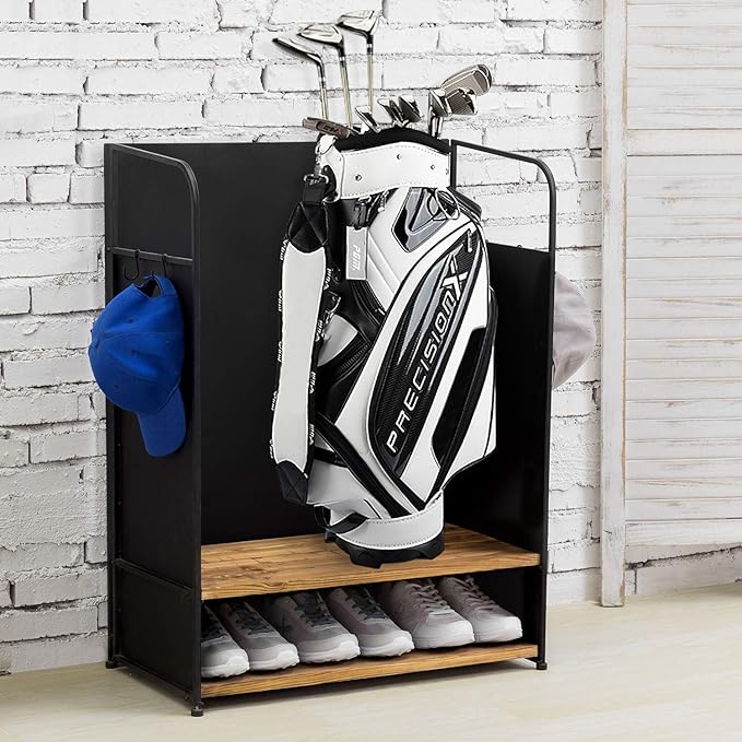 MyGift 2 Golf Bag Organizer with 2 Tier Burnt Wood Shelf for Shoes, Equipment and Hooks for Hat and Towels, Deluxe Matte Black Metal Golf Bag Storage Rack
