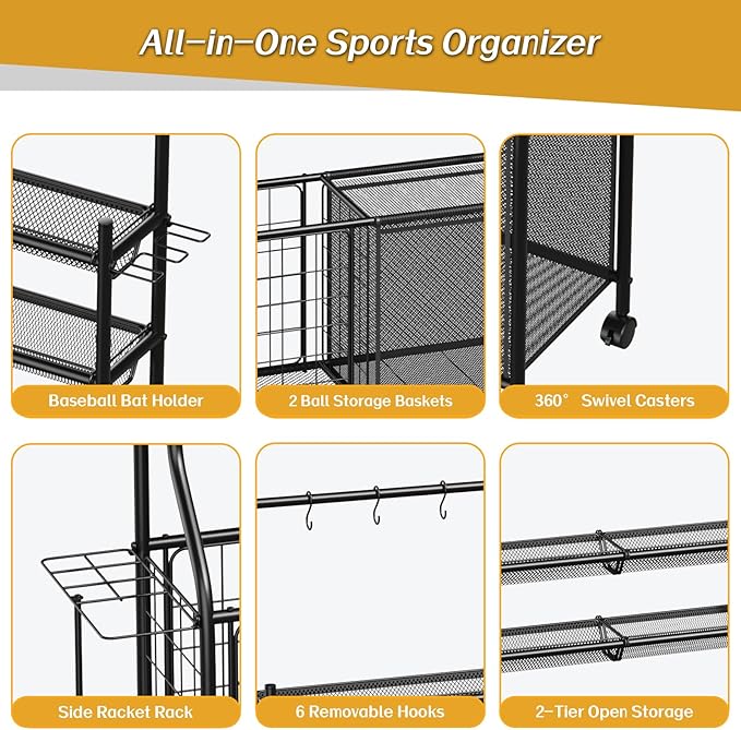 Large Sports Organizer for Garage, Ball Storage Rack Garage Sports Equipment Organizer with Side Racks, Baskets, Hooks, Multi-Purpose Golf Gear Storage for Gym Indoor Outdoor