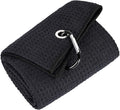 Mile High Life Tri-fold Golf Towel | 16" X 24" | Premium Microfiber Fabric | Waffle Pattern | with Heavy Duty Carabiner Clip | for Men and Women (Black)