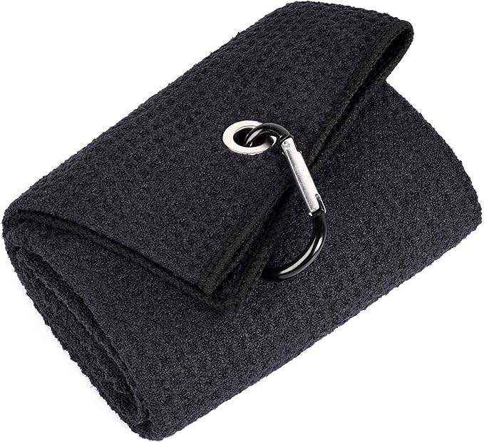 Mile High Life Microfiber Golf Towel, 21" X 24", Waffle Pattern w Clip, Super Absorbent Tri-fold Large Towels, Golf Bag Accessories for Men & Women（Black）