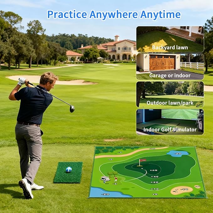 LINKET Golf Mat, 70"x70" Double-Sided 2in1 Golf Hitting Mat, Portable Golf Game for Chipping Practice for Dads & Junior Golfers - Golf Mats with 20 Sticky Balls & Golf Turf Mat for Indoor and Outdoor