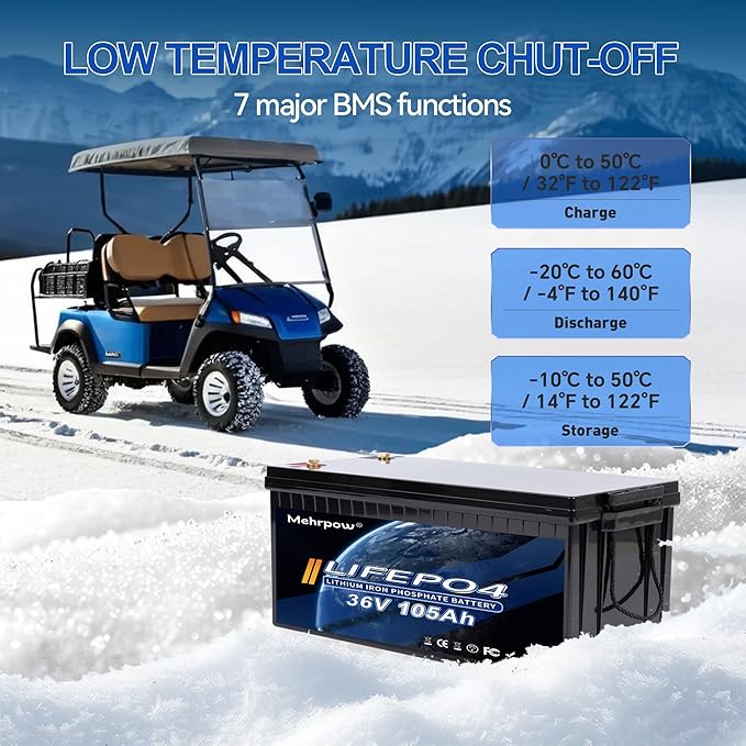 36V 105Ah LiFePO4 Golf Cart Battery with 200A BMS Bluetooth LCD Display 43.8V 25A Charger Mobile APP 10000 Deep Cycles Rechargeable 36V Lithium Battery for Golf Cart ATV Lawn Mower and Off Grid
