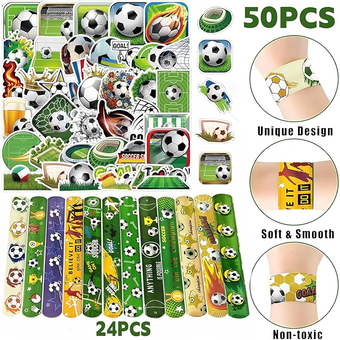 74Pcs Soccer Theme Party Favors Contain 24 Pcs Slap Bracelets 50Pcs Stickers, Soccer Theme Birthday Party Decorations,Classroom Rewards Supplies.