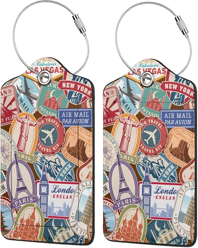2 Pack Luggage Tags for Suitcases Travel Stamp Luggage Tag Leather Stainless Steel Loop Label Tag for Women Girl Travel Bag Suitcase