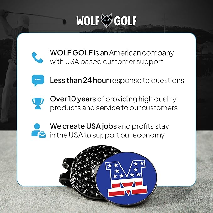 Wolf Golf Towels Golf Ball Marker Hat Clip | USA Monogram | 1 Magnetic Clip + 3 Ball Markers | Patriotic Golf Accessories for Men & Women