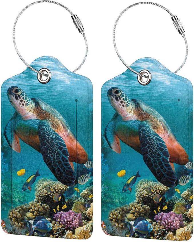 2 Pack Sea Turtle Luggage Tags for Suitcases, Cool Leather Luggage Tag for Travel, Bag Tag Privacy Name ID Card Bag Labels for Friends Adults Kids Tourists