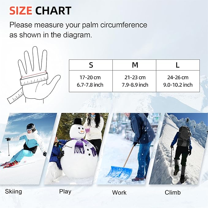 Winter Waterproof Ski Snow Warm Gloves for Women Men, Windproof Cold Weather Thermal with Touchscreen Fingers, for Running Driving Cycling Hiking Biking Outdoor Sports