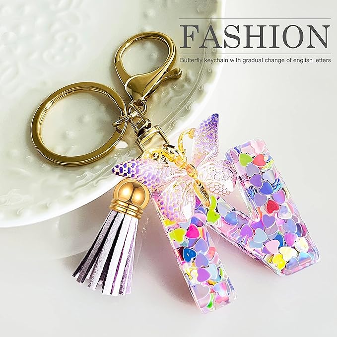 JINGUAZI Initial letter Keychains for Women Tassel Butterfly Pink Purple Cute Car Keychain for Wallet Backpack bag charm