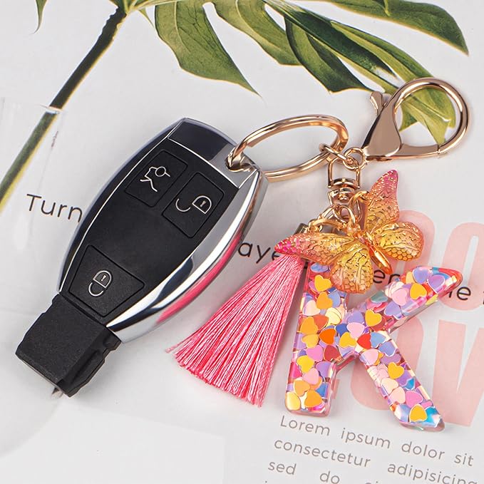 Suweibuke Colourful Cute Initial Letter Keychains for Women Girls with Tassel Butterfly, Charm for Purse Handbags Backpacks