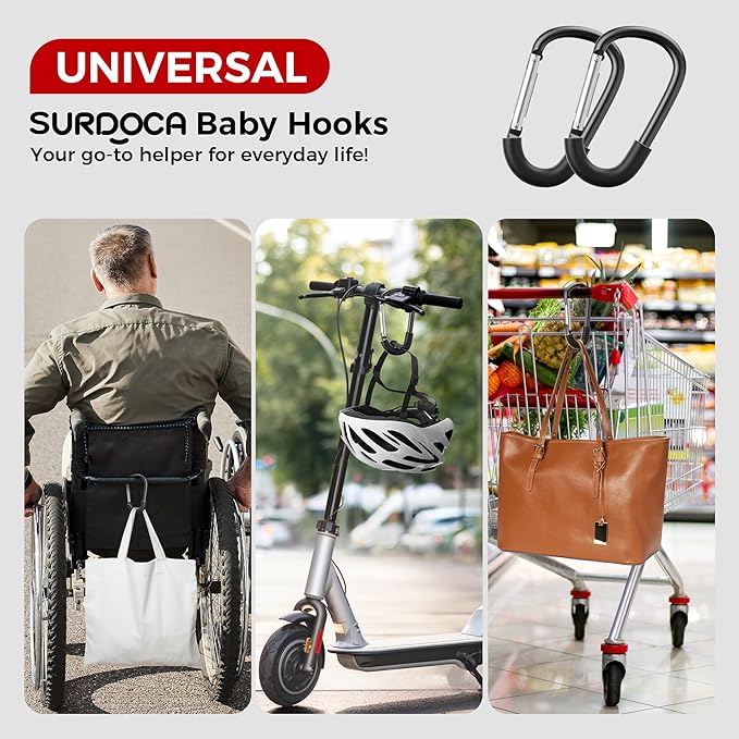 SURDOCA Stroller Hooks, Large Stroller Hooks for Bags, Universal Stroller Clips and Hooks, Mommy Hook for Stroller Heavy Duty, Stroller Accessories for Mom