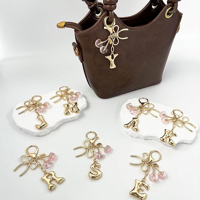 Gold Bubble Heart, Cherry, Bow & More Designs Letter Initial Keychain Bag Charms – Cute Purse Charms for Handbags