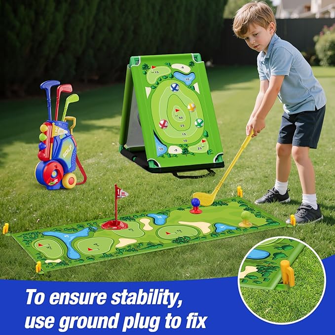 3 in 1 Toddler Golf Set with Putting Mat & Sticky/Golf Game, Kids Golf Club with 8 Balls, 4 Plastic Clubs, Scoreboard, Indoor Outdoor Sport Toys with Golf Cart Gift for Boys Girls Aged 2-5, Blue