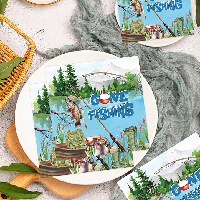 50PCS Gone Fishing Birthday Party Napkins Decorations, Disposable Paper Fish 1st Birthday Decorations, Fisherman Themed Decor Supplies Size 6.5 Inch