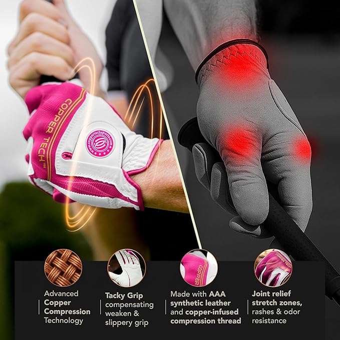 Copper Tech Ladies Golf Gloves Women Right Handed Golfer or Left Handed Golfer 2 Pack | Copper Compression Joint Support with Flexible & Comfortable Fit | AAA Leather & Silicone Tacky Pad