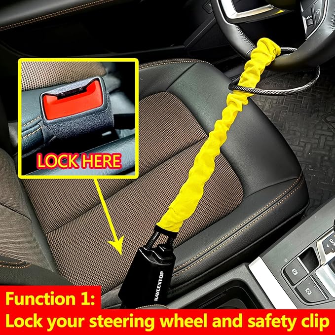 KAYCENTOP Car Steering Wheel Lock, Seat Belt Lock, Anti-Theft Device, Max 17 Inch Length, Small and Light-Weight, Multi-Functional, Fit Most Vehicle, SUV, Golf Cart Security (Yellow)