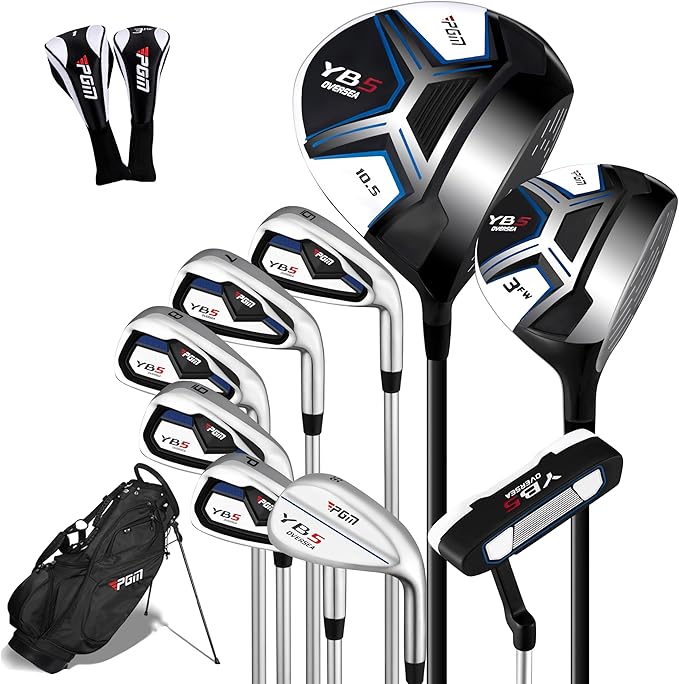 PGM 12/15 Pieces Men's Complete Golf Club Set with Driver, Fairway, Hybrid, Irons, Putter, Stand Bag & Headcovers - Right Handed - Ideal for Beginners (Standard/Tall Sizes)