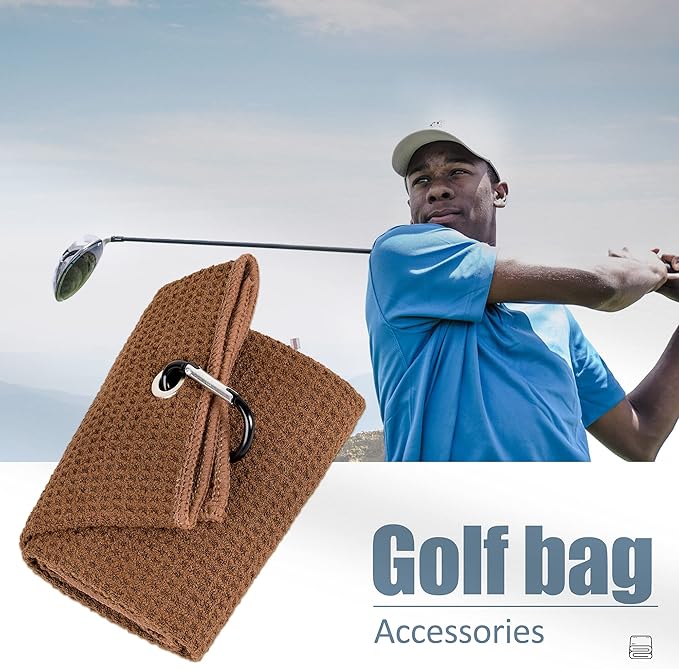 Mile High Life Tri-fold Golf Towel | 16" X 24" | Premium Microfiber Fabric | Waffle Pattern | with Heavy Duty Carabiner Clip | for Men and Women (Brown)