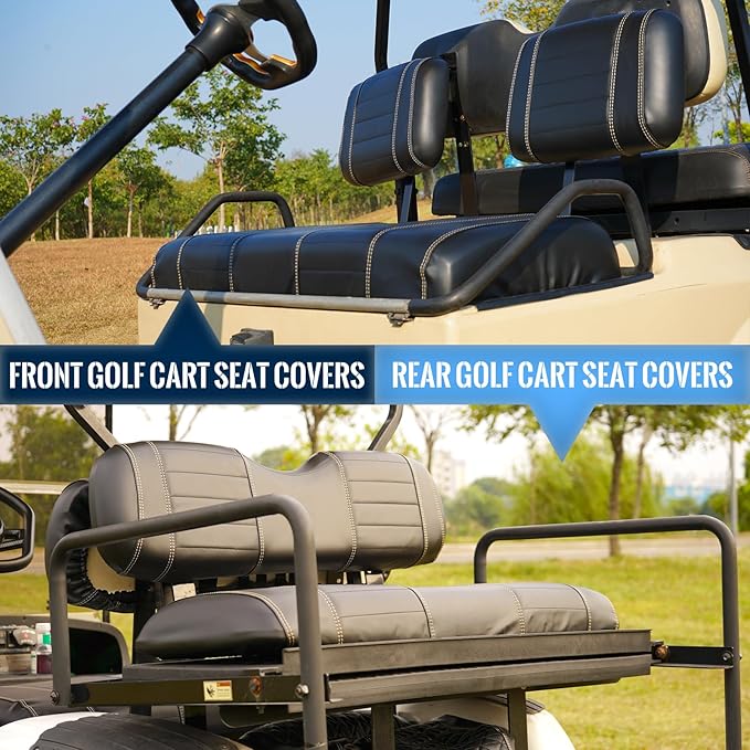Golf Cart Seat Covers fits Club Car Precedent/DS/EZGO RXV/TXT/Yamaha Front Rear Seat Cushion，Black Leather Custom Stripe Soft Comfortable/Anti-Scratch/Easy to Clean