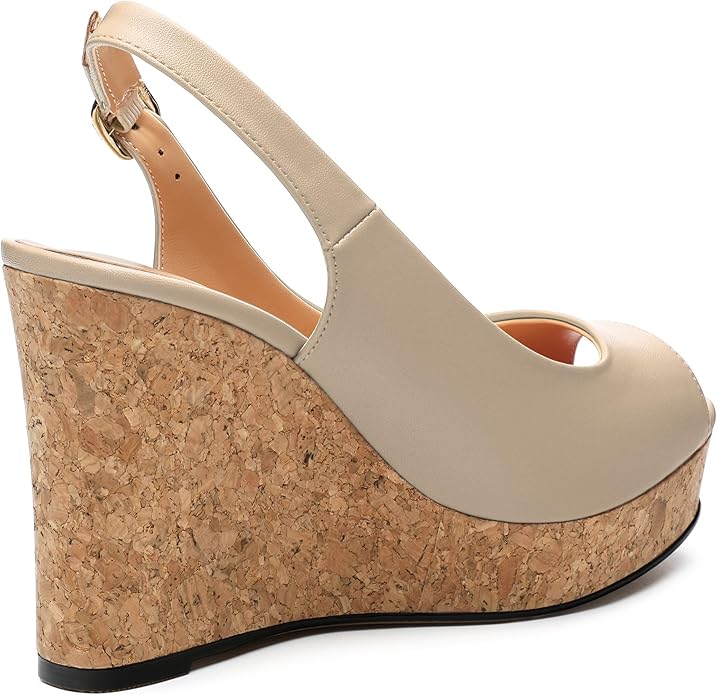 Womens Peep Toe Wedge Heels Matte Fashion Cork Slingback Pumps Platform Wedge Sandals 3.94 Inches