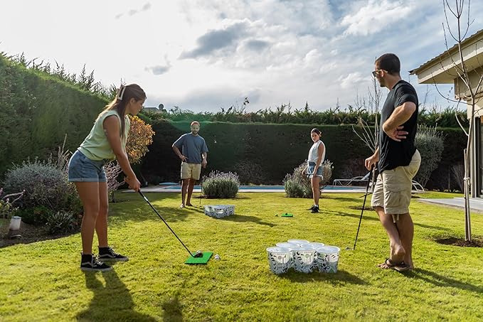 Par Pong Backyard Golf Chipping Game – Outdoor Golf Game with 12 Buckets, 2 Hitting Mats & Golf Balls – for Adults, Tailgating, BBQ, Parties & Gifts for Golfers.