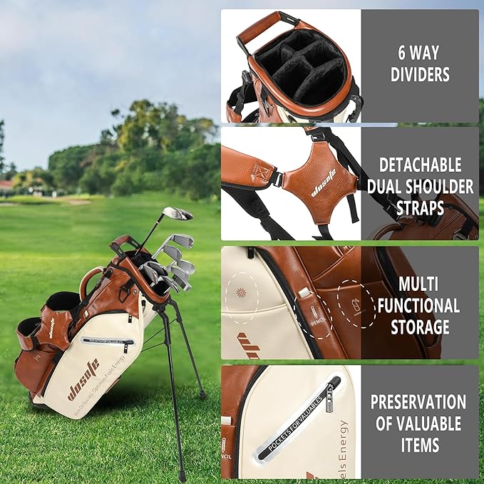 Lightweight 14-Way Golf Stand Bag, PU Leather Golf Bag Waterproof Men Women Full Length Top Dividers, Multiple 8 Pockets Cooler Pouch Adjustable Detachable Shoulder Dual Straps Rain Cover Hood