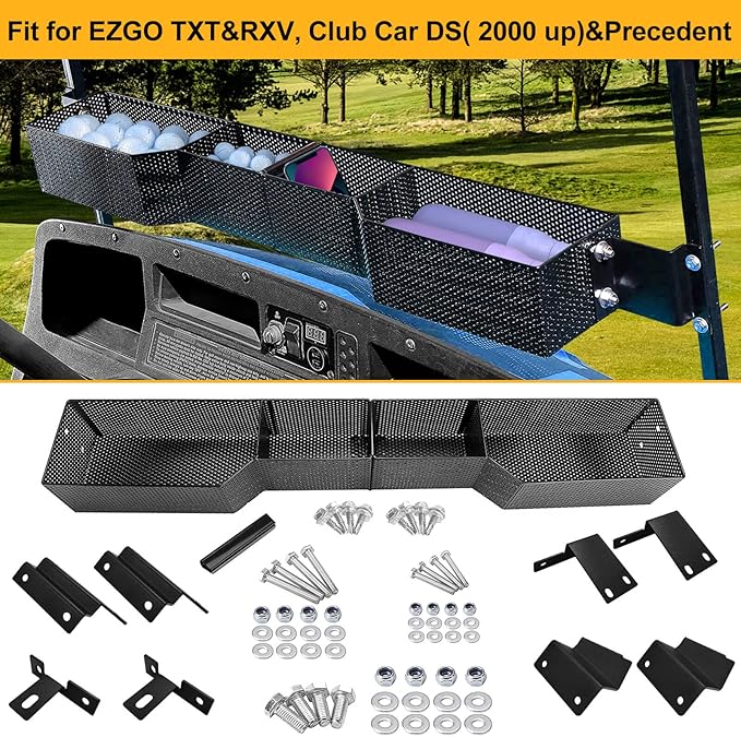 Golf Cart Basket Front Inner Fit EZGO TXT & RXV, Club Car Precedent&DS (2000 up) Golf Carts, Heavy Steel Mesh Durable Golf Cart Storage Tray Dash Organizer