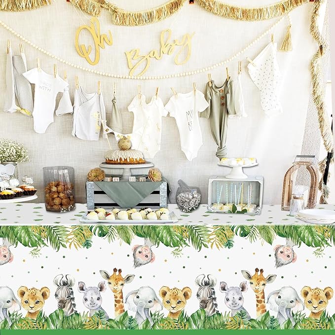 4 Pack Jungle Safari Tablecloths, Wild One Table Cover, Animals Plastic Plastic Table Cloth for Sage Green Safari Baby Shower Decorations, 108×54 Inch