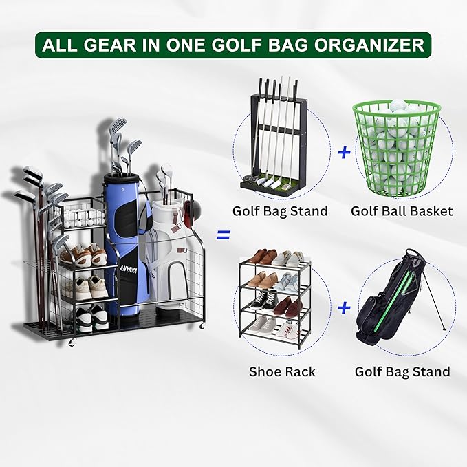 Golf Bag Storage Organizer with Wheels, Garage Golf Equipment Rack for 2 Golf Bags, Clubs, Shoes & Accessories – Heavy Duty Metal Golf Bag Storage Stand for Garage, Basement, Home or Shed