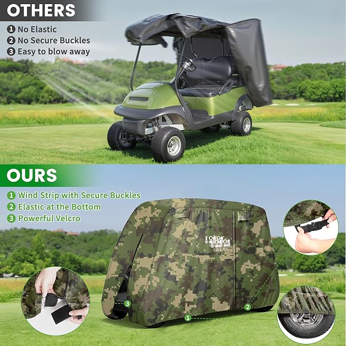 10L0L Golf Cart Cover 2/4/4+2 Passenger for Yamaha EZGO Club Car, Heavy Duty 420D Waterproof Windproof Durable Polyester Golf Cart Cover with 3 Zipper Doors for All-Weather Protection (Black/Silver)