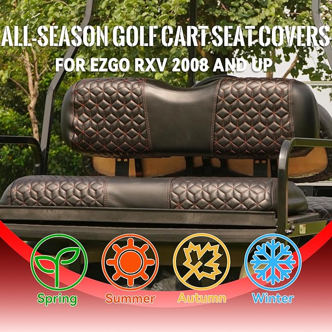 Golf Cart Seat Covers Front and Rear for EZGO RXV 2008+ Standard Seat Cushion, EZGO Vinyl Leather Seat Cover Set Replacement Accessories, No Staples, Black(4 PCS)
