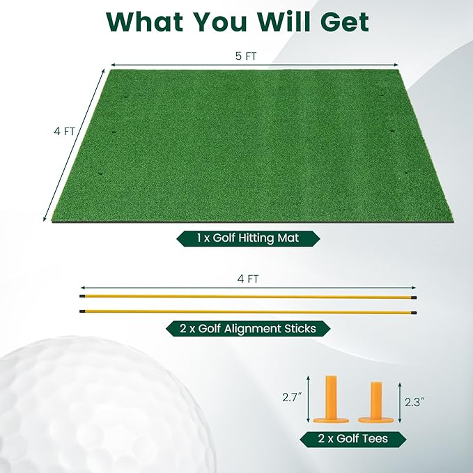 Goplus Golf Mat, 5x3ft/5x4ft Golf Hitting Mat 20/25/27/32mm Thick w/2 Alignment Sticks & 2 Golf Tees, Portable Artificial Turf Grass Training Mat Practice for Indoor Outdoor