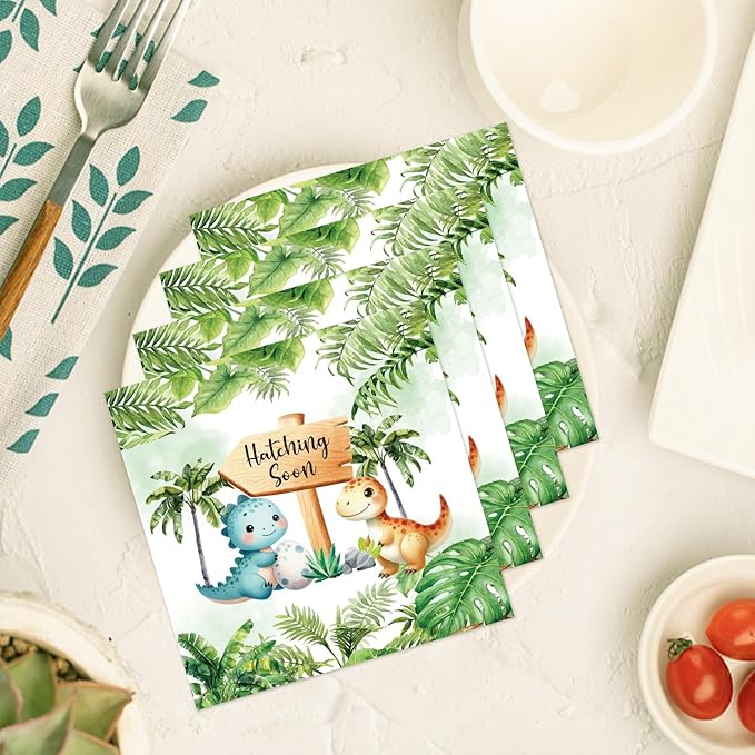 Dinosaur Baby Shower Napkins Decorations, 50PCS Hatching Soon Baby Shower Napkin Supplies, Cute Dino Party Decor for Boys