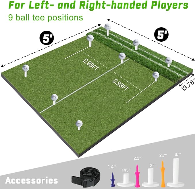 DCQ Real Feel 5x4ft & 6x4ft Golf Hitting Mat, Large Golf Mat, Dual Turf, Fairway & Rough Artificial Grass, Golf Practice Mat Indoor & Outdoor, Driving & Chipping Pad with Cushion, Golf Simulator Mat
