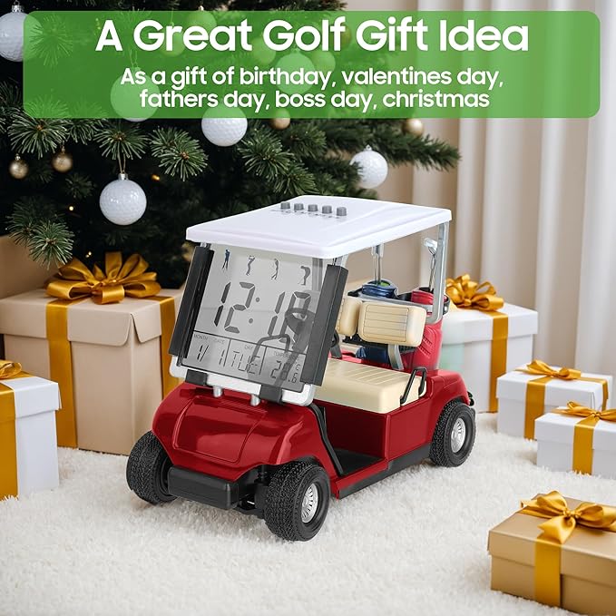10L0L Mini Golf Cart Alarm Clock LCD Display Calendar Golf Gifts for Men Fans Golfers Superior Race Souvenir Novelty (Red)