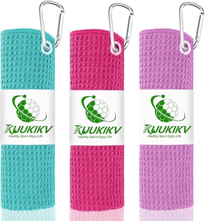 3 Pack Golf Towels, 16" x 16" Premium Microfiber Waffle-Pattern Golf Towel with Aluminum Carabiner Clip - Contains Golf Towels in 3 Colors of Pick, Purple and Cyan for Women's Golf Club Bag