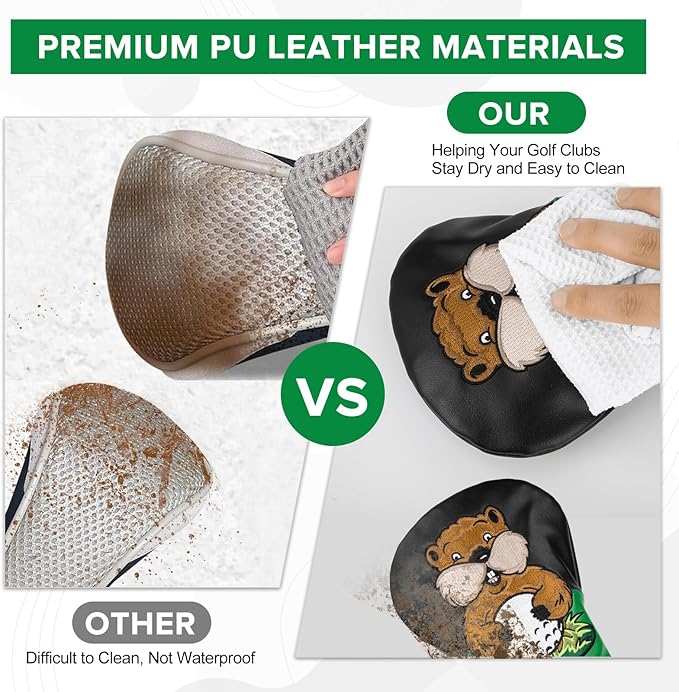 Golf Club Head Covers, Gopher Style Embroidery Golf Club Covers for Woods and Driver Fairway Hybrid, PU Leather Golf Head Covers for Men Women with Interchangeable Tags, Fits Most Golf Clubs