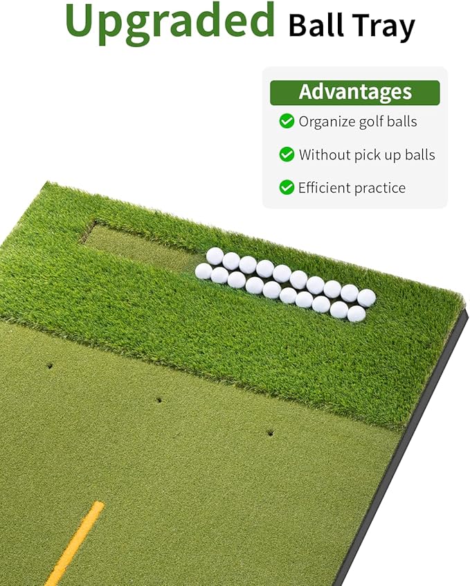 5.2x4ft & 6x4ft 21mm-45mm Dual-Turf Golf Mat with Ball Tray, Thickened Golf Hitting Mat with 9 Hitting Holes, Alignment Aid Practice Mat for Hitting, Driving Chipping, Swinging, Gifts for Men/Dad/Him